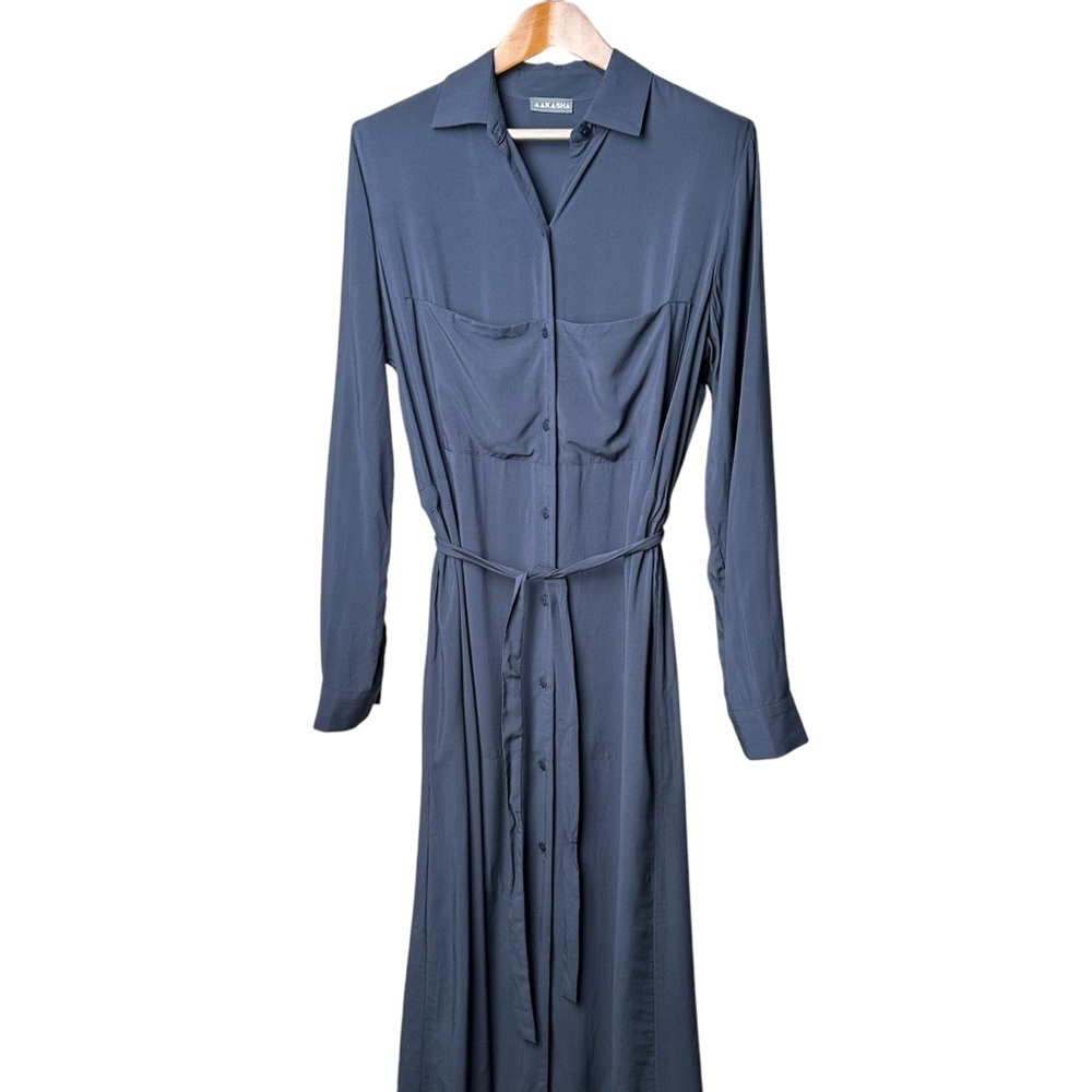 Aakasha Size XL Button Front Longline Shirt Dress Navy Blue Waist Tie Old Money